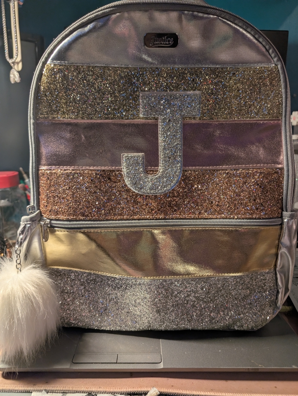 Justice Glitter Metallic Pink & Gold 'J' Backpack